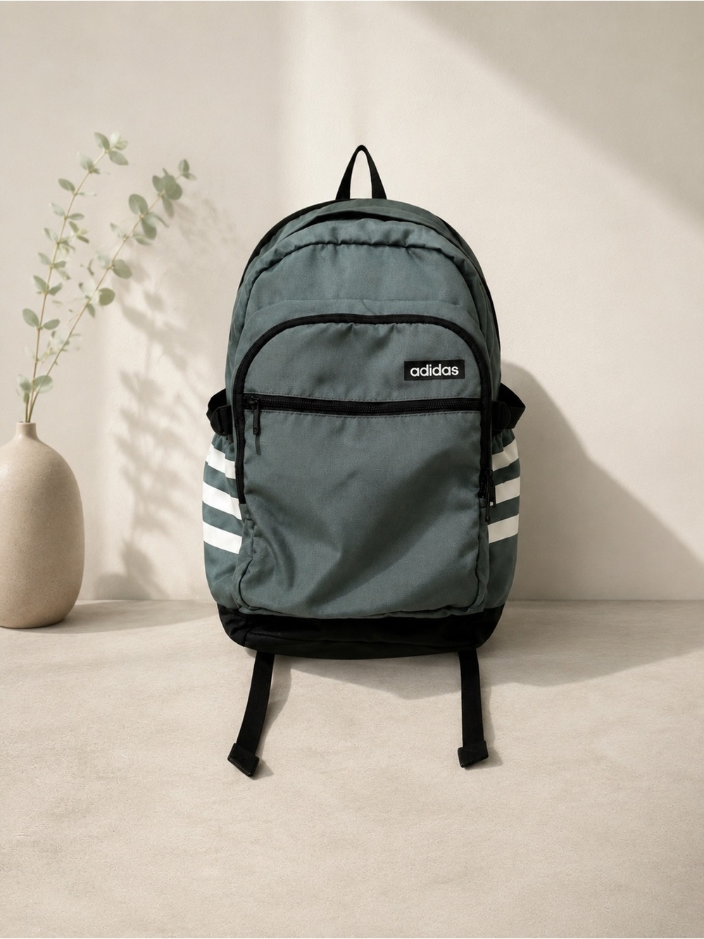Adidas Classic Backpack Gray Green White Stripe School Travel Laptop Bag